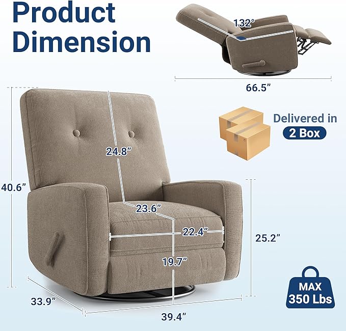 Recliner Chairs, Swivel Rocker Recline, Glider Recliner Nursery Chair, Recliner Chair for Adults, 360° Swivel Glider Rocking Chair for Living Room, Bedroom, Office, RV, Corduroy, Khaki