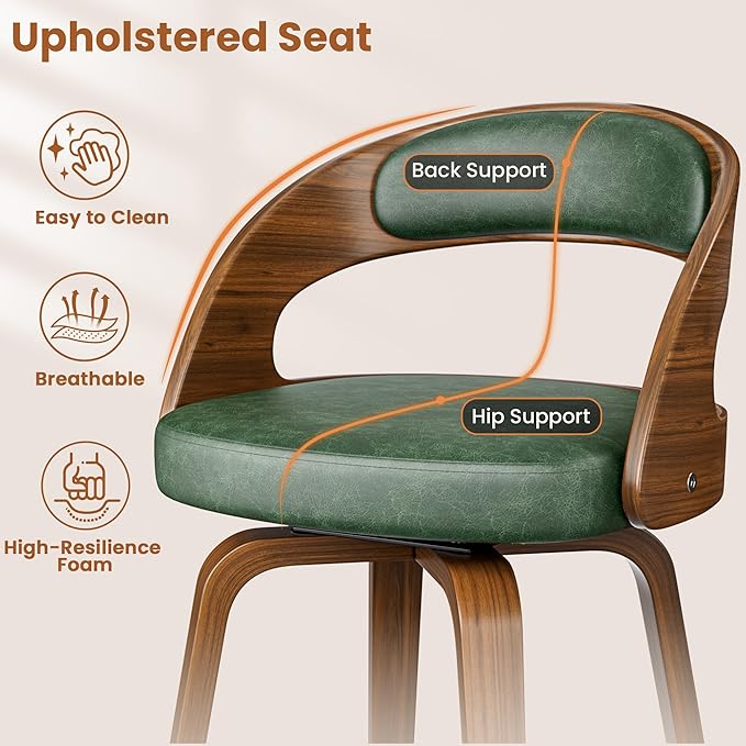 Swivel Bar Stools Set of 6, 26" Upholstered Faux Leather Barstools with Bentwood Legs, Mid Century Modern Counter Height Bar Stools with Back for Kitchen Island, Dining Room, Green