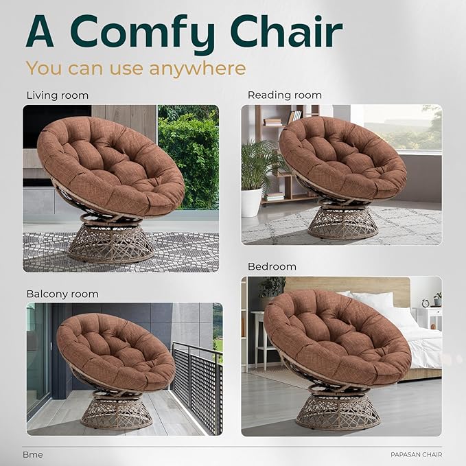 Bme 40" Ergonomic Wicker Papasan Chair with Soft Thick Cushion & Frame, 360° Swivel, Circle, Reading, Comfy Chair for Living Room, Bedroom
