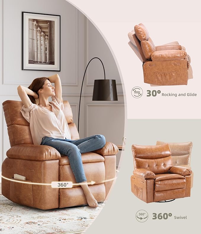 GarveeHome Oversized Rocker Swivel Recliner Chair - PU Leather Extra Wide Manual Recliner for Adults, Large Lazy Chair with 1.5X Sponge Comfort Arm and Back for Living Room, Bedroom