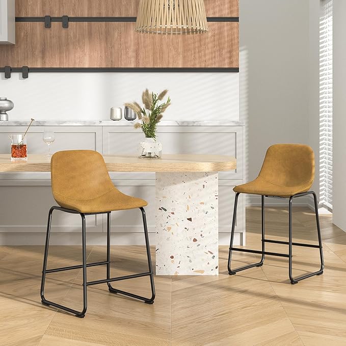 Rfiver Pu Faux Leather Bar Stools Set of 2, Industrial Pub Barstools with Back and Footrest, Modern Armless Bar Height Stool Chairs (Yellow, 24" Counter Chair x2)