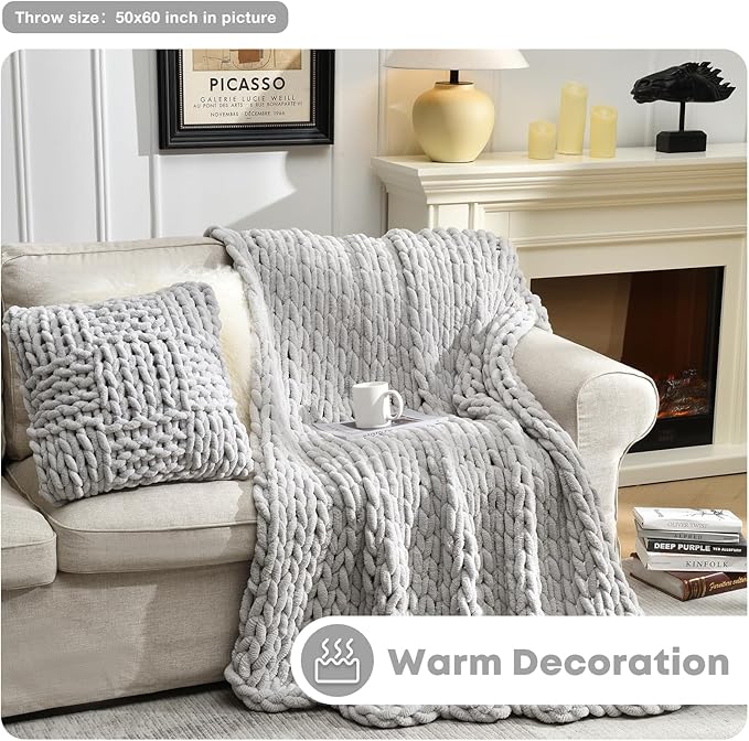 Soft Chunky Knit Blanket, 50X60 in Handmade Thick Chenille Yarn Throw Without Shedding & Raveling, Aesthetic & Cozy Home Decor with Couch Sofa Bed, Gift Pack, Light Grey
