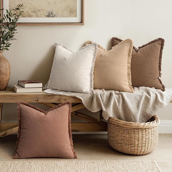 MIULEE Fall Decorative Couch Pillow Covers Neutral Linen Fringe Throw Pillows Set of 4 Accent Rustic Cushions Boho Farmhouse Pillowcases for Bed Sofa Living Room Home Decor 18x18 Inch Beige/Brown