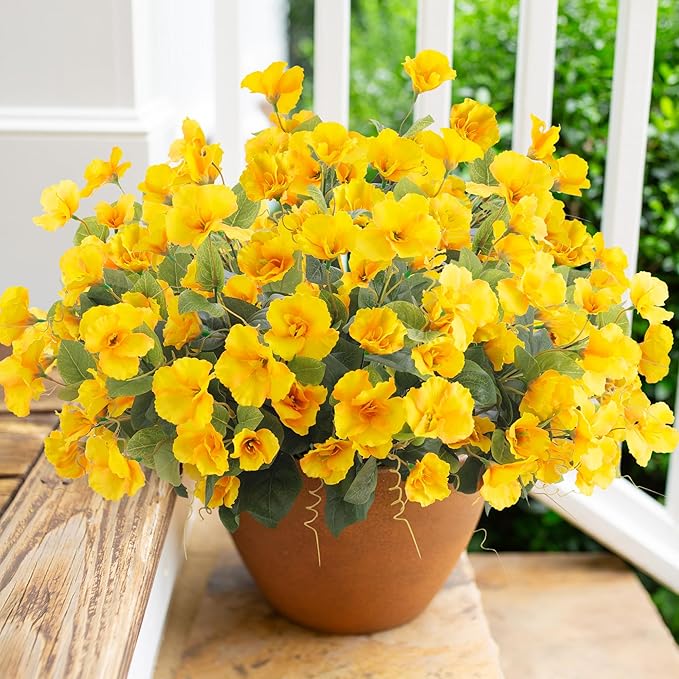 Fake Hibiscus Artificial Flowers for Outdoors Spring Summer Decoration, 6 Bundles Silk Yellow Hibiscus Flowers Bouquet UV Resistant Look Real Faux Plants for Outside Planter Front Door Porch Balcony