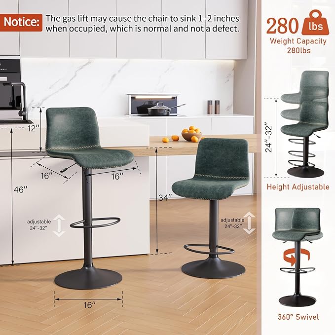 HeuGah Bar Stools Set of 4, Swivel Counter Height Barstools with Back, Adjustable Height 24" to 32", Faux Leather Bar Chairs for Kitchen Island (Deep Teal, Set of 4 (24'' to 32''))