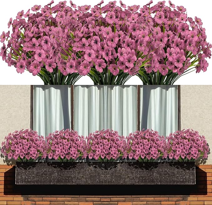 15 Bundles Artificial Flowers Fake Silk Flowers Outdoor UV Resistant Faux Flowers Plastic Fabric Greenery Plants for Hanging Planter Kitchen Home Office Wedding Garden Decoration(Pink)