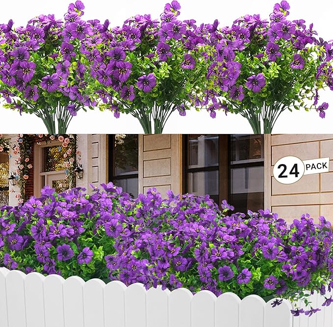 24 Bundles Artificial Flowers for Outdoors & Indoors – UV Resistant Faux Plastic Plants for Garden, Patio, Porch, Window Box, Home Decor – Lush & Vibrant Fake Flowers, Purple