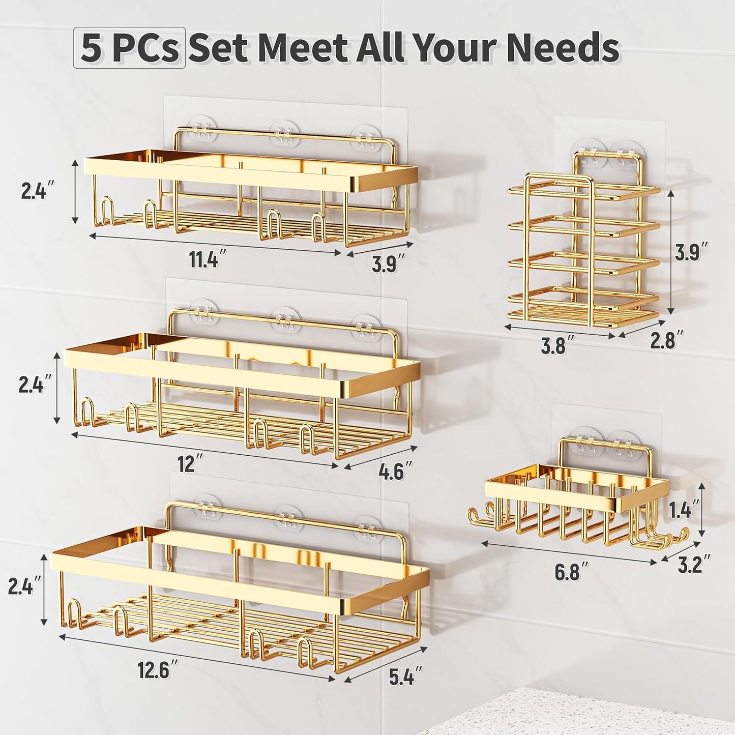 5 Pack Shower Caddy Organizer Rack Shelf for Inside Shower, Self Adhesive Wall Storage Basket Rustproof Stainless Steel Shampoo Holder Bathroom Accessory Decor Set, Gold