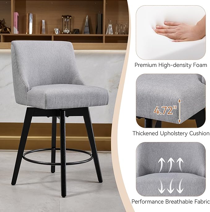 Vipbear Counter Height Bar Stools Set of 4, 26" H Swivel Bar Stools with Backs, Linen Fabric Upholstered Bar Chairs with Solid Wood Legs for Kitchen Island, Dining Room, Home Bar, Light Grey