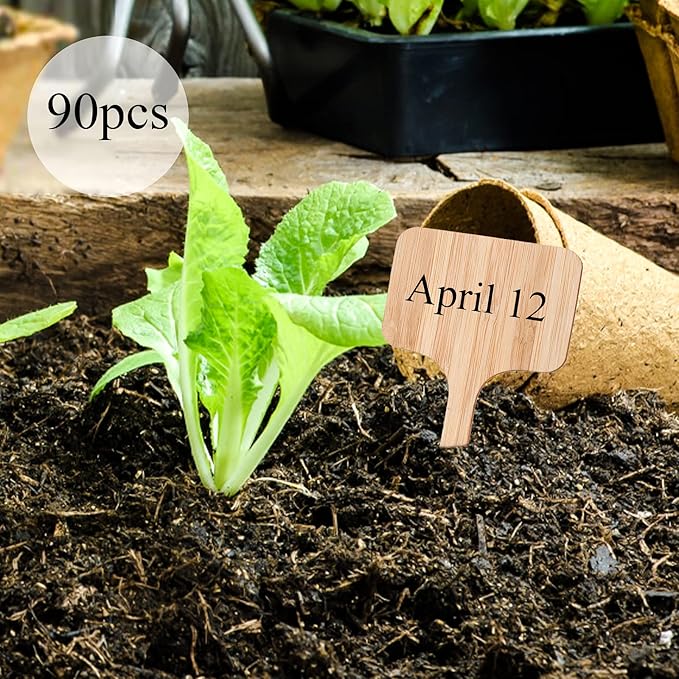 Elsjoy 90 Pack Bamboo Plant Labels, 9 Styles Cute Plant Tags Garden Markers, Wooden Garden Labels for Seeds, Herbs, Vegetables, Gifts