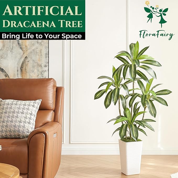 5FT Artificial Dracaena Tree with White Planter and Fake Green Moss - Real Touch Fake Plant for Home & Office Decor, Faux Yucca Indoor Floor Tree, Pre-Potted Plants,