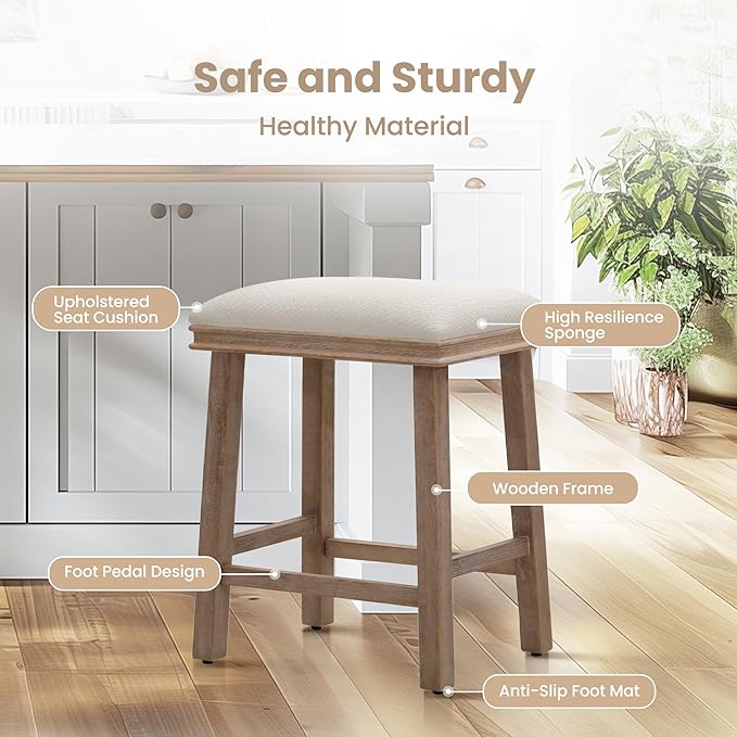 PHI VILLA Bar Stools - Solid Wood Legs Counter Height Barstools with Upholstered Saddle Seat, 24 inch Kitchen Counter Island Stools