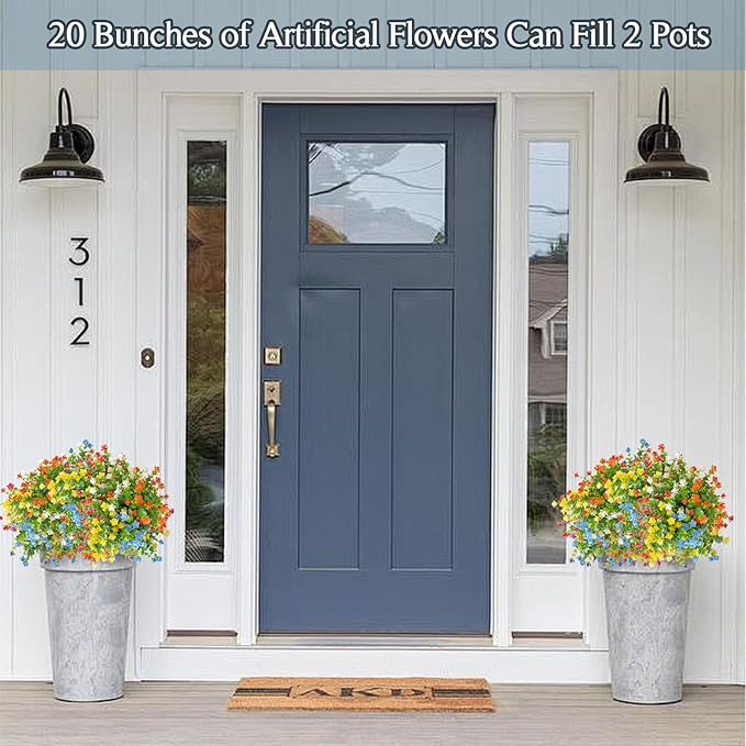 Outdoor Artificial Flowers UV Resistant, 20 Bundles Fake Realistic Floral Greenery Plants for Outside Porch, Window Boxes, Garden, Yard, Inside Home Table Decor,MixcolorE