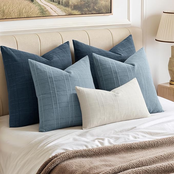 MIULEE Decorative Linen Check Euro Shams Throw Pillow Covers Neutral Farmhouse Vintage Pillow Covers 24x24 Set of 2 Boho Modern Home Decor for Sofa Couch Bedroom Cushion Deep Blue