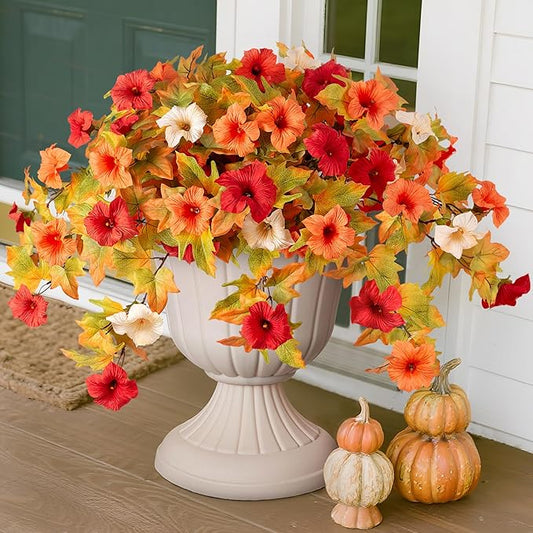 Fall Flowers Artificial for Decoration Fake Petunias Plants for Outdoor, 2PCS Autumn Silk Faux Flower UV Resistant No Fade Floral for Garden Balcony Yard Porch Realistic Indoor Decor (Orange White)