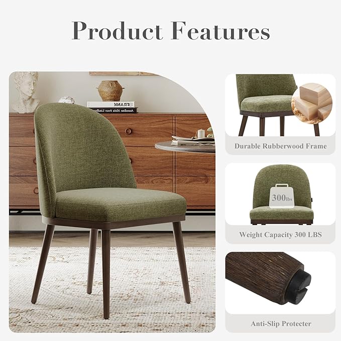 Upholstered Dining Chairs Set of 6, Large Dining Room Kitchen Chairs with High Back and Deep Seat, Modern Fabric Dinner Chairs with Wood Legs, Green