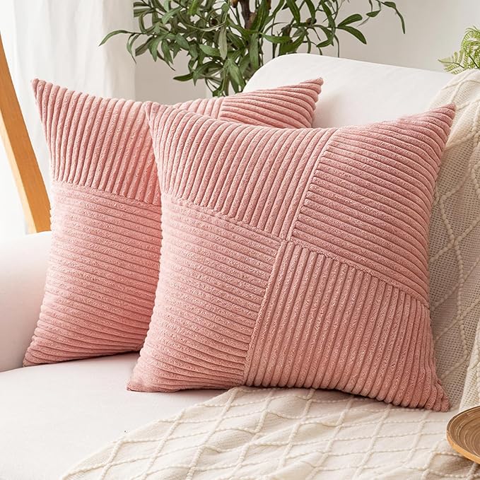 Decorative Throw Pillow Covers 18x18 Inch Set of 2 for Boho Living Room Farmhouse Home Decor, Spring Pillow Covers for Couch Bed, Soft Corduroy Striped Patchwork Cushion Cases, Blush Pink
