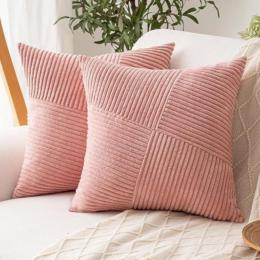 Decorative Throw Pillow Covers 18x18 Inch Set of 2 for Boho Living Room Farmhouse Home Decor, Spring Pillow Covers for Couch Bed, Soft Corduroy Striped Patchwork Cushion Cases, Blush Pink