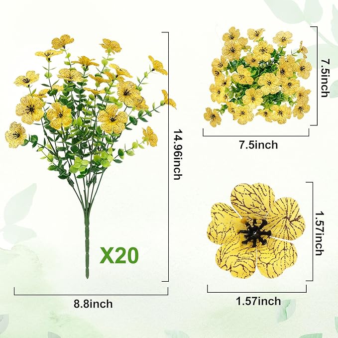 20 Bundles Artificial Flowers for Outdoors Decoration Fake Silk Flowers UV Resistant Faux Plants Artificial Daisy Eucalyptus for Spring Summer Garden Yard Porch Window Home Decor, Yellow