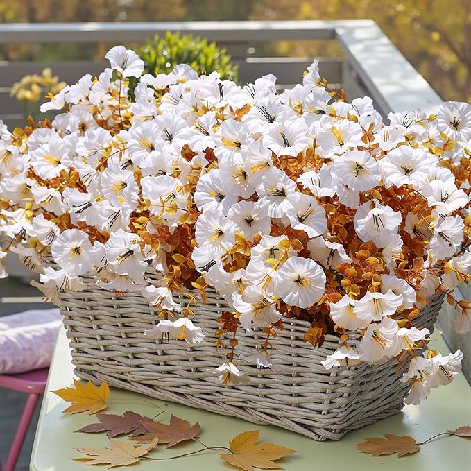 Fake Mums Fall Artificial Flowers Plants for Outdoors Autumn Decoration, 12 Bundles White Silk Morning Glory with Eucalyptus Realistic UV Resistant Faux Flowers for Outside Planter Yard Garden Porch