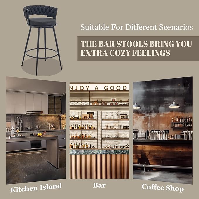 Swivel Black Bar Stools Set of 4, 28 Inches Modern Counter Height Bar Stools with Woven Back, Upholstered Suede Tall Barstools for Kitchen Island, Cafe