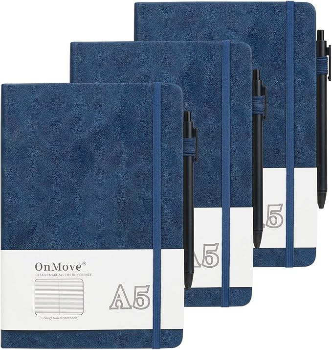 Notebooks Journal for Women Men 3 Pack Bulk Leather Hardcover with Pen Holder A5 160 Pages 100 GSM Thick Paper for Work School Lined Navy Blue