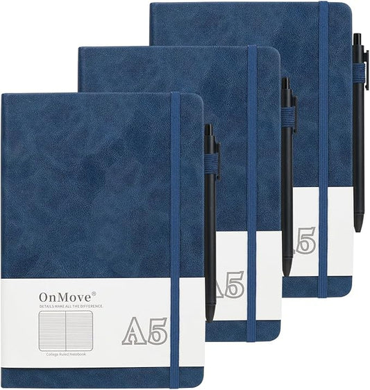 Notebooks Journal for Women Men 3 Pack Bulk Leather Hardcover with Pen Holder A5 160 Pages 100 GSM Thick Paper for Work School Lined Navy Blue