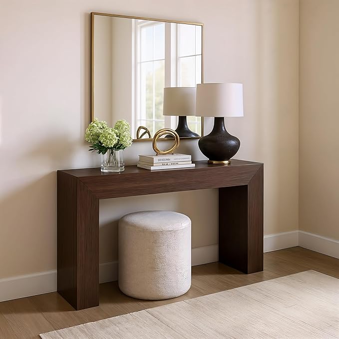 Plank+Beam Grand Console Table, 56 Inch Solid Wood Modern Sofa Table, Narrow Entryway Table for Hallway, Behind The Couch, Living Room, Foyer, Walnut Wirebrush