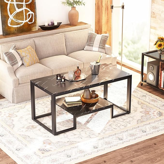 Coffee Table Black Table for Living Room,2 Tiers Rectangle Center Table with Sturdy Metal Frame,Modern Black Faux Marble Coffee Table for Bedroom Home Office