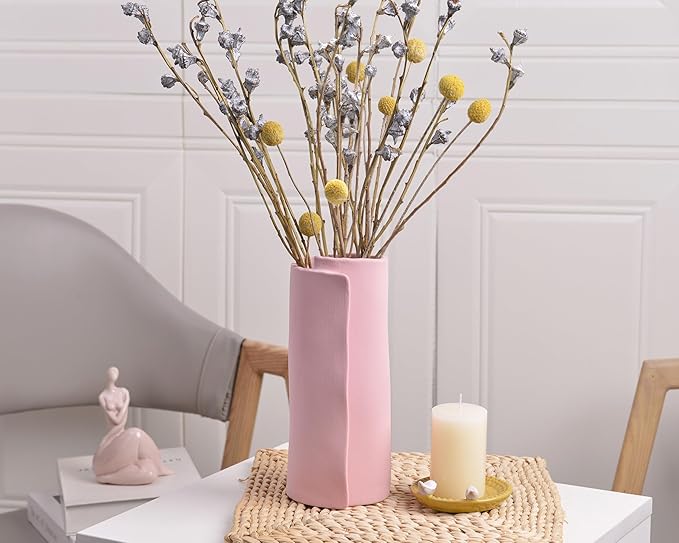 Pointnio Pink Ceramic Flower Vase,8 Inch Modern Boho Origami Decorative Vase for Home Decor,Small Vases for Pampas Grass,Minimalist Vase for Fresh Flowers,Dried Flowers,Table Shelf Living Room Decor