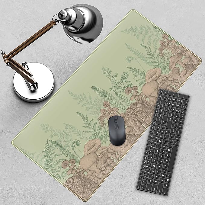 Cute Green Leaves Mouse Pad Desk Mat Beige Forest Mushroom XXL Large Extended Gaming Mousepad Desk Pad 31.5x15.75 in, Cool Keyboard Mouse Mat Desk Mats for Computer Laptop Women Desk Gamers Girl