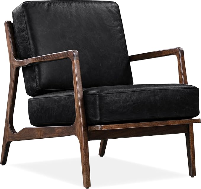 POLY & BARK Verity Leather Accent Chair – Armchair with Walnut Wood Frame – Fashion-Forward Lounge Seating for Living Room – Upholstered in Onyx Black Leather for Modern Style