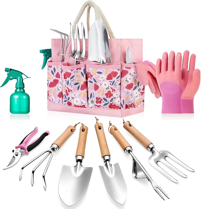 9-Piece Gardening Tools Set - Complete Gardening Kit with Heavy-Duty Stainless Hand Tools, Durable Storage Bag with Garden Accessories, Ideal Gardening Gifts for Women, Men, Gardeners - Pink