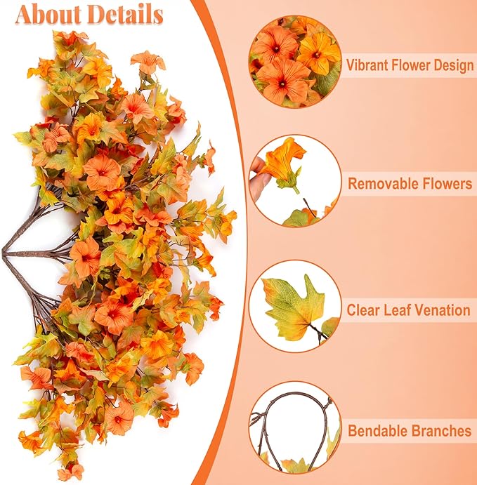 Artificial Fake Fall Flowers with Hanging Basket for Outdoor Fall Decoration, Silk Faux Flowers UV Resistant Fake Plants for Home Porch Patio Garden Window Box Autumn Decor Look Real (Orange)