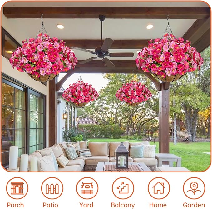 Artificial Hanging Faux Flowers Basket, Fake Silk Petunias Plants Arrangement,for Spring Summer Outdoor Decoration,UV Resistant, Morning Glorias,for Home Garden Decor (Dark&Light Pink)