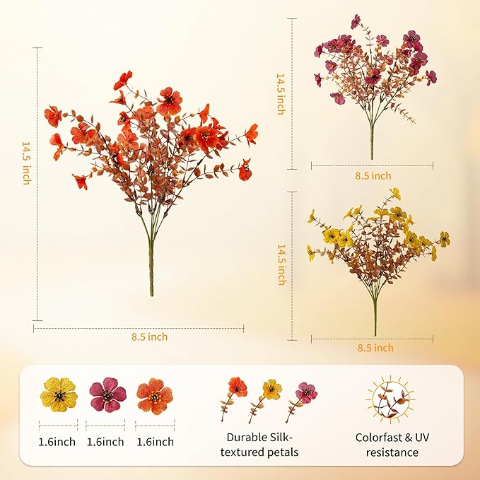 Artificial Mums Fall Fake Flowers for Outdoors, 12 Bundles Faux Mums for Outdoor Planters Autumn Decorations,UV Resistant Silk Flowers for Outside Front Porch Patio Home Decor(B-Orange Yellow Brown)