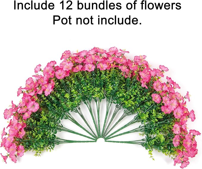 Artificial Flowers Fake Plants for Outdoors Decoration, 12 Bundles Pink Silk Morning Glory with Eucalyptus Realistic UV Resistant Faux Flowers Greenery for Outside Planter Yard Garden Home Indoor