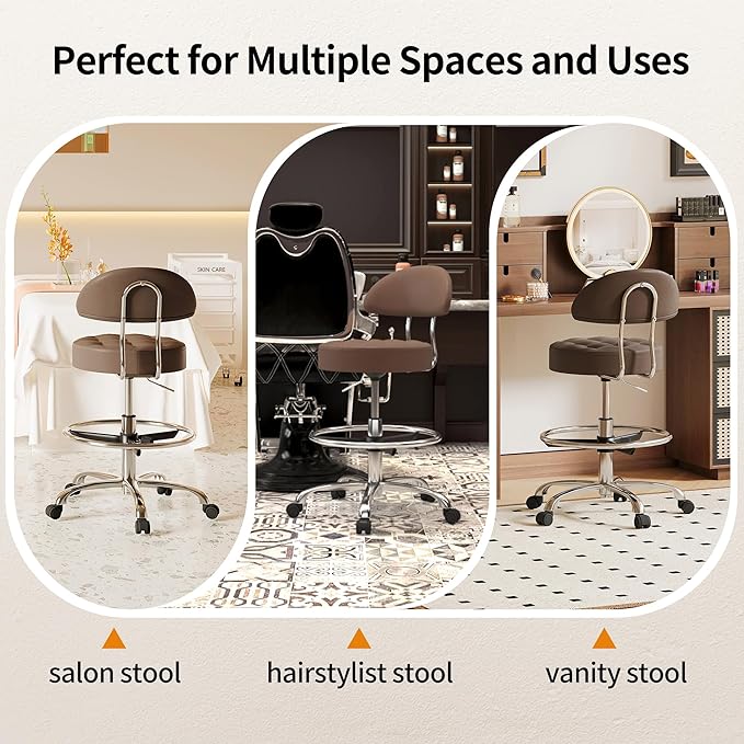 Salon Chair for Hair Stylist (Adjustable Height 20-27 inch) (Stool with Quiet Wheels and Foot Rest) Ergonomic Guitar Stool for Long Sessions (Coffee Brown)