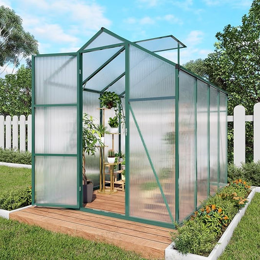 86in High 6*8.2FT Greenhouse for Outdoors, Polycarbonate Greenhouse with Stronger Wind Protection and Roof Vent, Walk-in Large Aluminum Sunroom Winter Proof, Green