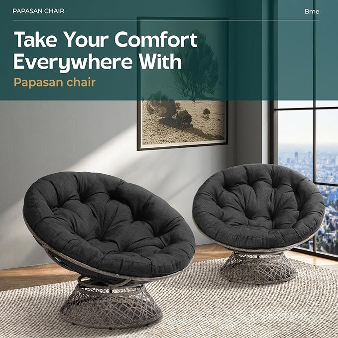 Bme 46" Large Size Ergonomic Wicker Papasan Chair with Soft Thick Density Fabric Cushion, Bee-Designed Base, High Capacity Steel Frame, 360 Degree Swivel for Living, Bedroom,...