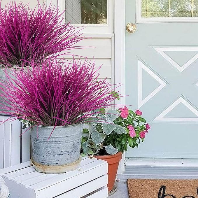 RECUTMS 12 Bundles Artificial Grass Fake Plants Outdoor Fake Grass UV Resistant Greenery Plastic Plants for Home Window Garden Office Patio Hanging Planter Pathway Front Porch Décorr(Fuchsia)