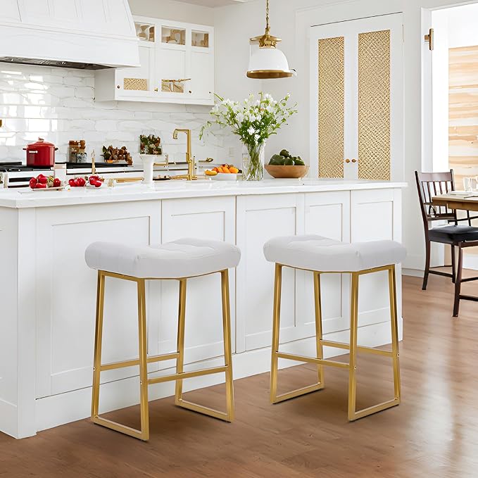 White & Gold Counter Height Bar Stools Set of 6 for Kitchen Counter Modern Backless Barstools with Upholstered Faux Leather Seat and Metal Frame Industrial 24 inch Bar Chairs
