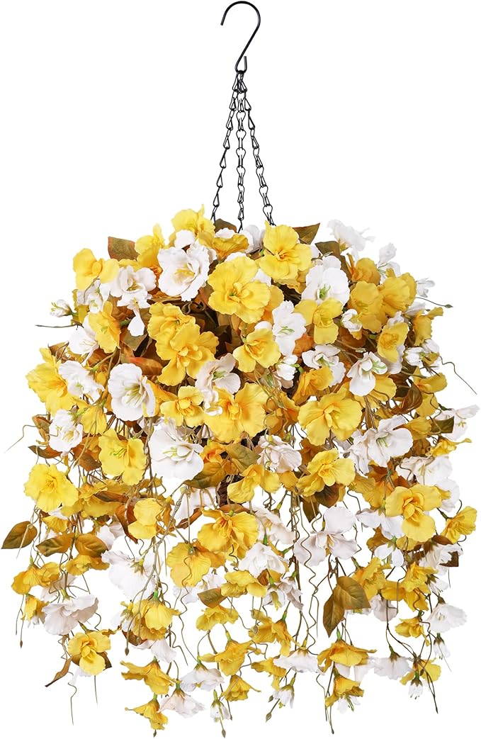Artificial Fake Fall Hanging Flowers Plants Baskets for Outdoor Decoration, 5Pcs Faux Silk Hibiscus Long Vines in Planter UV Resistant Realistic Flower for Outside Home Porch Patio Garden
