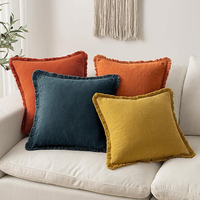 MIULEE Decorative Throw Pillow Covers Neutral Linen Fringe Throw Pillows Set of 2 Orange Boho Farmhouse Cushion Covers with Tassels for Couch Sofa Bed Living Room Spring Home Decor 18x18 Inch
