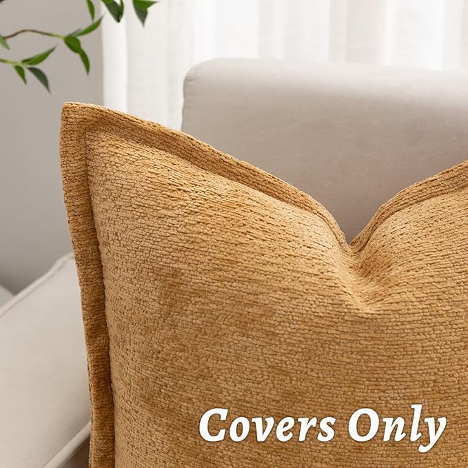 Mustard Yellow Decorative Throw Pillow Covers 22x22 Inch Set of 2 Cozy Soild Chenille Cushion Cases Soft Textured Square Couch Pillows Cover Boho Accent Farmhouse Pillowcases for Bed