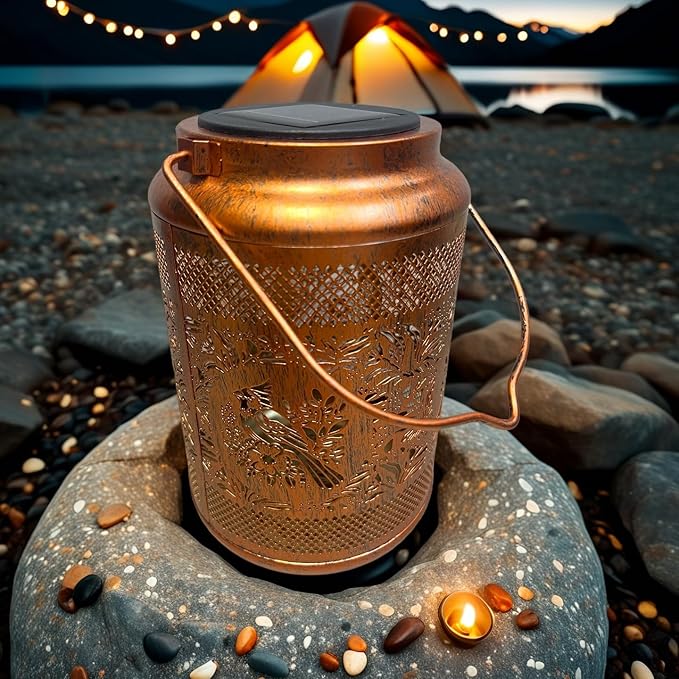 Solar Lantern with Hollow Metal Design, Garden Hanging Light, Copper Color for Outdoor Yard,Patio,Garden Decor (1)