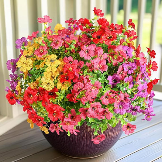 12 Bundles Artificial Flowers Faux Plants Flowers for Outdoor Spring Summer Decoration UV Resistant Artificial Plastic Plants Silk Flowers for Home Planter Porch Window Box Yard