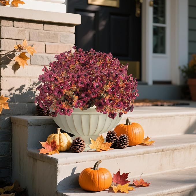 Artificial Mums for Outdoors Garden Home Fall Decor uv Resistant Outdoor Faux Plants Indoor Plastic Fake Plants Greenery Boxwood Porch Patio Fake Mums Flowers 12 Bundles Yard Decorations