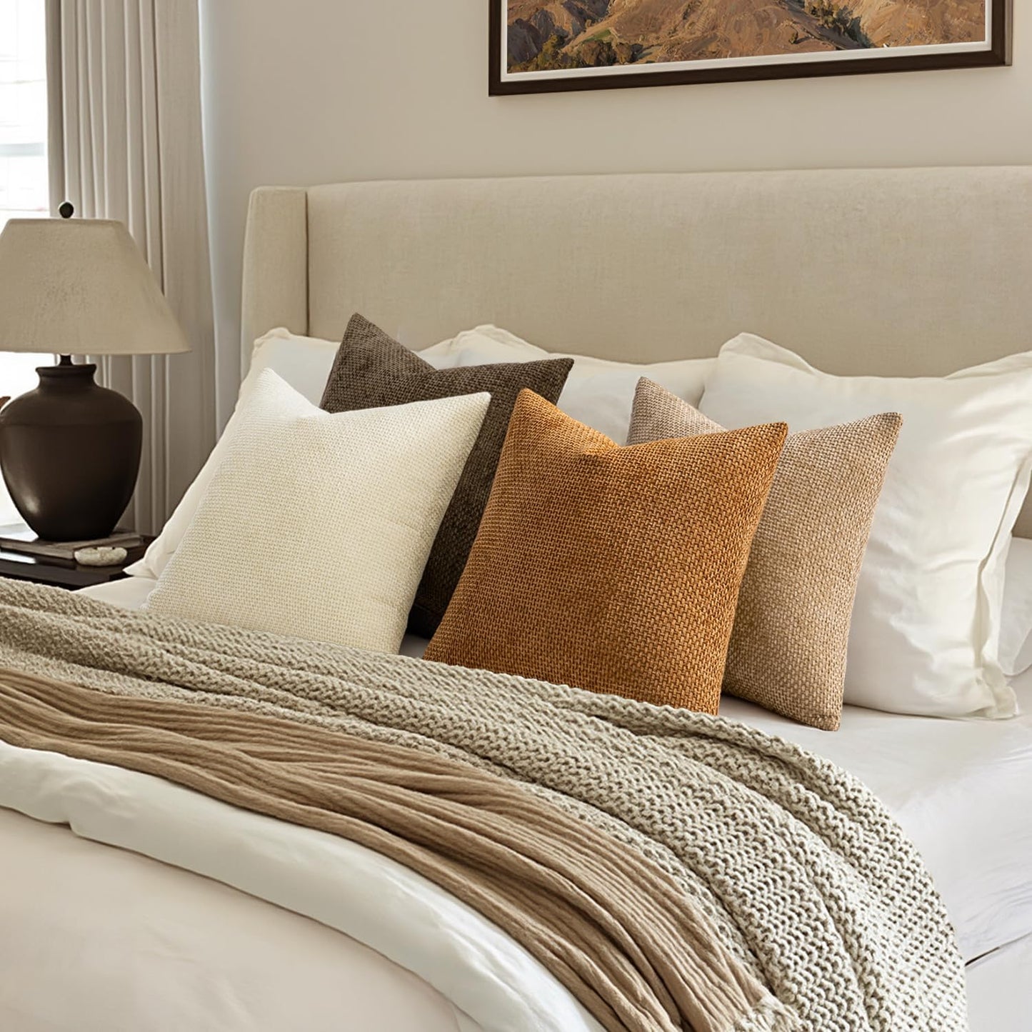 MIULEE Pack of 4 Brown Couch Throw Pillow Covers 20x20 Inch Soft Fall Decorative Chenille Pillows Farmhouse Accent Cushions for Boho Home Decor Spring Sofa Bedroom Living Room