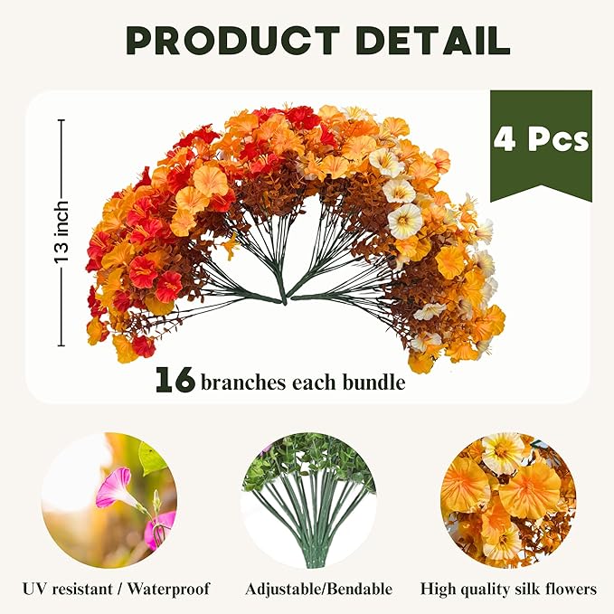 Artificial Fall Flowers for Outdoor, Fake Petunias Plants, Faux Flower, Fake Mums, 4PCS Fall Outdoor Decoration, UV Resistant, Silk Morning Glorias, for Home Garden Porch Planter (Early Harvest)